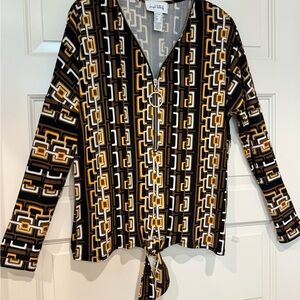 Joseph Ribkoff Black, Gold & White Geometric Zip-Front Tie Hem Top